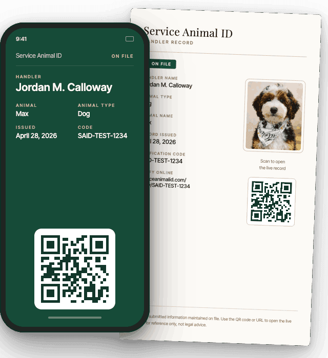Apple Wallet service animal record beside a downloadable PDF handler record with a QR-linked record and dog photo.